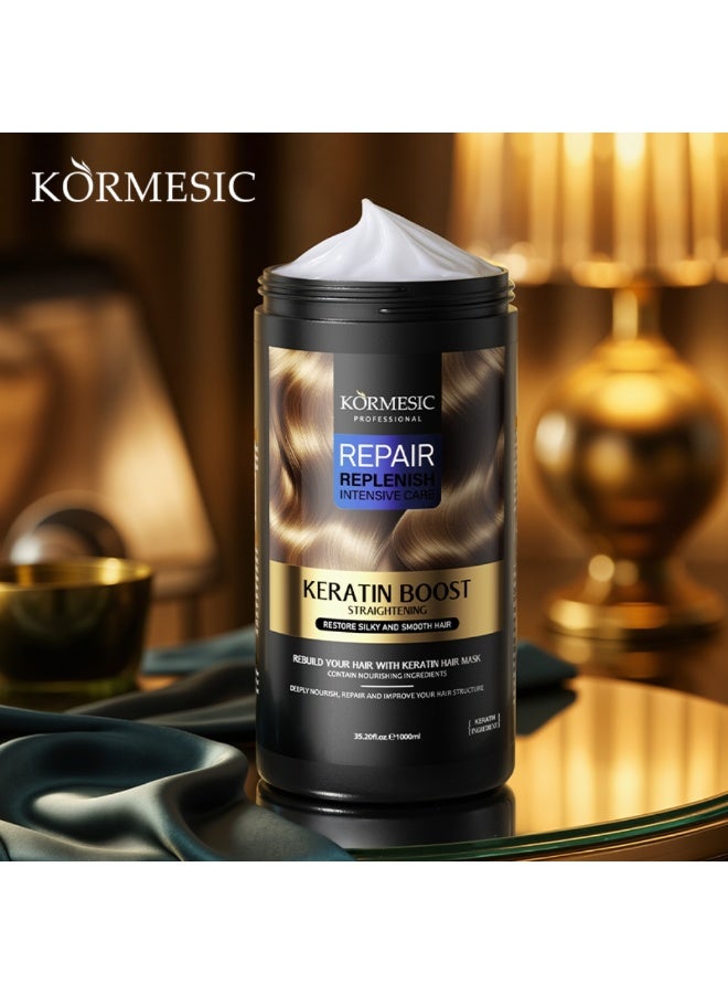 Kormesic قناع شعر كيراتين 1000 مل، قناع تعزيز الكيراتين، إصلاح الشعر الجاف التالف، تغذية وترطيب وتقوية وتحسين الشعر الخشن وتعزيز نعومة الشعر مع الكولاجين لاستعادة بصيلات الشعر الصحية - Image 2